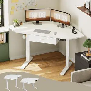 Corner Standing Desk, 32'' Small Height Adjustable Electric Computer Desk with Drawer for Gaming, Small Space, Stand up Home Office Study Writing Desk, White Corner Standing Desk, 32'' Small Height Adjustable Electric Computer Desk with Drawer for Gaming, Small Space, Stand up Home Office Study Writing Desk, White