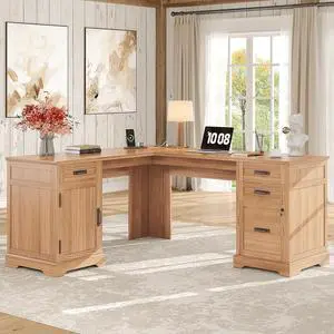 Farmhouse L Shaped Desk with Drawers, 67 Inch Executive Home Office Desk with File Cabinet, Computer Corner Desk with Charging Station, Walnut Farmhouse L Shaped Desk with Drawers, 67 Inch Executive Home Office Desk with File Cabinet, Computer Corner Desk with Charging Station, Walnut