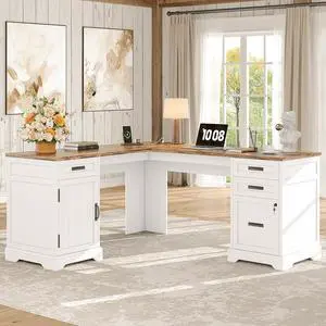 Farmhouse L Shaped Desk with Drawers, 67 Inch Executive Home Office Desk with File Cabinet, Computer Corner Desk with Charging Station, White Farmhouse L Shaped Desk with Drawers, 67 Inch Executive Home Office Desk with File Cabinet, Computer Corner Desk with Charging Station, White