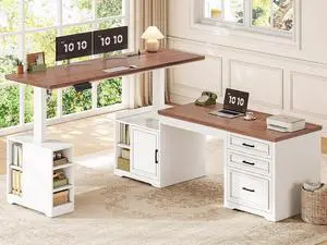 Farmhouse L Shaped Electric Standing Desk, 63" x 67" Height Adjustable Home Office Executive Desk with Drawers, Standing Computer Desks with Power Outlet for Home Office, White+Brown Farmhouse L Shaped Electric Standing Desk, 63" x 67" Height Adjustable Home Office Executive Desk with Drawers, Standing Computer Desks with Power Outlet for Home Office, White+Brown