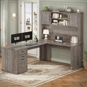 Farmhouse L Shaped Desk with Hutch and 3 Drawers, 68.9" Executive Office Desk with File Drawer and Power Outlet, Corner Computer Desk with Storage Shelves for Home Office (Grey) Farmhouse L Shaped Desk with Hutch and 3 Drawers, 68.9" Executive Office Desk with File Drawer and Power Outlet, Corner Computer Desk with Storage Shelves for Home Office (Grey)