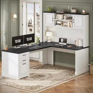 Farmhouse L Shaped Desk with Hutch and 3 Drawers, 68.9" Executive Office Desk with File Drawer and Power Outlet, Corner Computer Desk with Storage Shelves for Home Office, White Farmhouse L Shaped Desk with Hutch and 3 Drawers, 68.9" Executive Office Desk with File Drawer and Power Outlet, Corner Computer Desk with Storage Shelves for Home Office, White