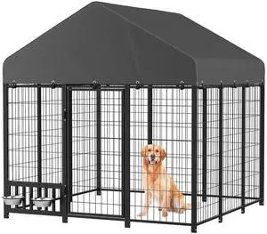 Outdoor Dog Kennel for Yard, 6x6 Small Steel Chain Link Fence with Roof, Dog Run Enclosure with Self-Locking Latch & Feeding Bowl Outdoor Dog Kennel for Yard, 6x6 Small Steel Chain Link Fence with Roof, Dog Run Enclosure with Self-Locking Latch & Feeding Bowl