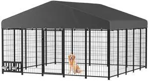 Outdoor Dog Kennel for Yard, 10x10 Large Steel Chain Link Fence with Roof, Dog Run Enclosure with Self-Locking Latch & Feeding Bowl Outdoor Dog Kennel for Yard, 10x10 Large Steel Chain Link Fence with Roof, Dog Run Enclosure with Self-Locking Latch & Feeding Bowl