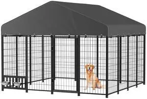 Heavy Duty Outdoor Dog Kennel for Yard, 8x8 Medium Steel Chain Link Fence with Roof, Dog Run Enclosure with Feeding Bowl & Self-Locking Latch Heavy Duty Outdoor Dog Kennel for Yard, 8x8 Medium Steel Chain Link Fence with Roof, Dog Run Enclosure with Feeding Bowl & Self-Locking Latch