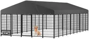 Outdoor Dog Kennel for Yard, 10x20 Large Steel Chain Link Fence with Roof, Dog Run Enclosure with Self-Locking Latch & Feeding Bowl Outdoor Dog Kennel for Yard, 10x20 Large Steel Chain Link Fence with Roof, Dog Run Enclosure with Self-Locking Latch & Feeding Bowl