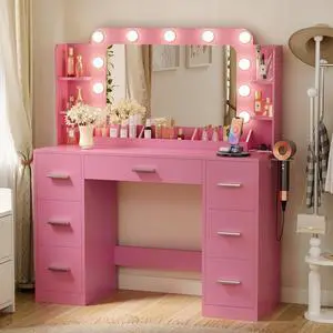 Vanity Desk with Hollywood Style Mirror with LED Lights, Makeup Table Vanity with 2 AC Outlets and1 USB1 Type-C Port, Adjustable Lighting, Modern Ample Storage Drawers Dressing Table (Pink) Vanity Desk with Hollywood Style Mirror with LED Lights, Makeup Table Vanity with 2 AC Outlets and1 USB1 Type-C Port, Adjustable Lighting, Modern Ample Storage Drawers Dressing Table (Pink)