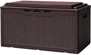 100 Gallon Deck Box, Waterproof Resin Outdoor Storage Box with Cushion for Outside and Patio, Large Outdoor Storage Bench Cabinet Lockable for Patio Furniture and Garden Tools (Deep Brown) 100 Gallon Deck Box, Waterproof Resin Outdoor Storage Box with Cushion for Outside and Patio, Large Outdoor Storage Bench Cabinet Lockable for Patio Furniture and Garden Tools (Deep Brown)