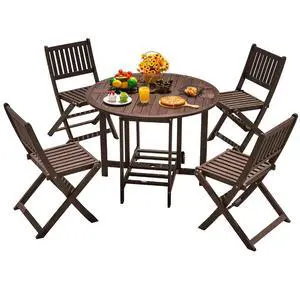 5 PCS Patio Furniture, Patio Dining Set Acacia Wood Outdoor Table and Chairs, with 4 Folding Chairs and 37" Round Movable Table, Outdoor Dining Set for Lawn, Balcony, Garden (Deep Brown) 5 PCS Patio Furniture, Patio Dining Set Acacia Wood Outdoor Table and Chairs, with 4 Folding Chairs and 37" Round Movable Table, Outdoor Dining Set for Lawn, Balcony, Garden (Deep Brown)