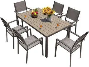 Patio Dining Set 7 Pieces Outdoor Furniture with Large Table and 6 Textilene Chairs for Porch, Poolside, Yard and Garden, Light Grey Patio Dining Set 7 Pieces Outdoor Furniture with Large Table and 6 Textilene Chairs for Porch, Poolside, Yard and Garden, Light Grey