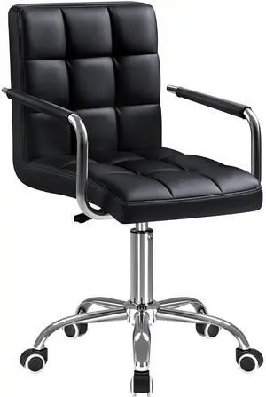 Vanity Office Chair with Wheels, Makeup PU Leather Executive Chair Modern Adjustable Home Desk Retro Comfortable Work Chair 360 Degree Swivel with Arms (Black) Vanity Office Chair with Wheels, Makeup PU Leather Executive Chair Modern Adjustable Home Desk Retro Comfortable Work Chair 360 Degree Swivel with Arms (Black)