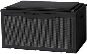 Deck Box with Cushion 98 Gallon Waterproof Resin Storage Box with Air Rod Indoor Outdoor Lockable Storage Bench for Patio Furniture, Tools, Pool Accessories (Black) Deck Box with Cushion 98 Gallon Waterproof Resin Storage Box with Air Rod Indoor Outdoor Lockable Storage Bench for Patio Furniture, Tools, Pool Accessories (Black)