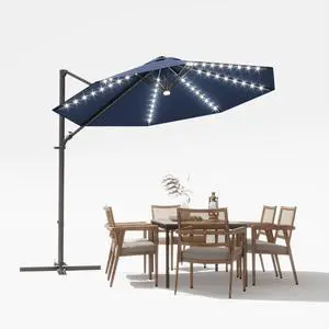 10ft Solar LED Patio Umbrella, Round Cantilever Outdoor Umbrella with Solar Lights and 360-Degree Rotation, Large Hanging Offset Market Umbrella with Easy Tilt for Patio Deck Garden, Navy Blue 10ft Solar LED Patio Umbrella, Round Cantilever Outdoor Umbrella with Solar Lights and 360-Degree Rotation, Large Hanging Offset Market Umbrella with Easy Tilt for Patio Deck Garden, Navy Blue