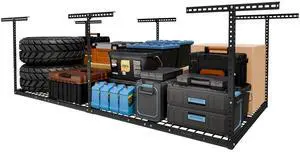 4x8 Overhead Garage Storage Rack, Adjustable Organization System, Heavy-Duty Metal Ceiling Racks, 750lbs Weight Capacity, Black, Classic Series 4x8 Overhead Garage Storage Rack, Adjustable Organization System, Heavy-Duty Metal Ceiling Racks, 750lbs Weight Capacity, Black, Classic Series