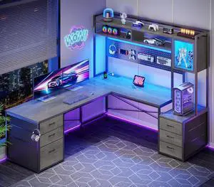 L Shaped Gaming Desk with Drawers, Reversible Computer Corner Desk with File Drawer, Hutch, Storage Shelves for Home Office, Gaming Two Person Desk with Led Lights, Power Outlet, Grey L Shaped Gaming Desk with Drawers, Reversible Computer Corner Desk with File Drawer, Hutch, Storage Shelves for Home Office, Gaming Two Person Desk with Led Lights, Power Outlet, Grey