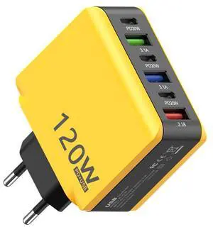 120W 6-Port USB Charger 3 USB-A + 3 Type-C PD Fast Charging Station for iPhone/Samsung/Laptop, Multi-Device Desktop Charger with EU/US/UK Plug Options, Yellow Yellow European standard 120W 6-Port USB Charger 3 USB-A + 3 Type-C PD Fast Charging Station for iPhone/Samsung/Laptop, Multi-Device Desktop Charger with EU/US/UK Plug Options, Yellow Yellow European standard