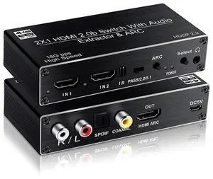 Torpedo Nova 2x1 HDMI Switch with Audio Extractor, 4K@60Hz HDR, ARC, Optical/Coaxial/RCA/3.5mm Output, HDCP 2.2, Auto-Switching & Remote Control Torpedo Nova 2x1 HDMI Switch with Audio Extractor, 4K@60Hz HDR, ARC, Optical/Coaxial/RCA/3.5mm Output, HDCP 2.2, Auto-Switching & Remote Control