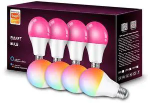 Tuya Smart WiFi+Bluetooth RGB LED Bulb 4-Pack, 9W Dimmable Color Changing Light 800lm, 120° Beam, AC200-240V, Works with Alexa & Google Home E26/E27 Screw Base Tuya Smart WiFi+Bluetooth RGB LED Bulb 4-Pack, 9W Dimmable Color Changing Light 800lm, 120° Beam, AC200-240V, Works with Alexa & Google Home E26/E27 Screw Base