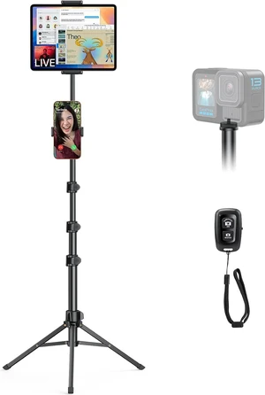 65" Tablet Floor Stand Tripod for iPad with Remote, 360°Phone Holder 65" Tablet Floor Stand Tripod for iPad with Remote, 360°Phone Holder