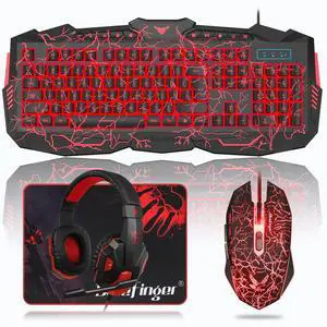 Gaming Keyboard Mouse Headset Combo, USB Wired Crack Backlit,114 Keys Letters Glow LED Keyboard, Red LED Light Headset for Laptop PC Computer Work and Game Gaming Keyboard Mouse Headset Combo, USB Wired Crack Backlit,114 Keys Letters Glow LED Keyboard, Red LED Light Headset for Laptop PC Computer Work and Game