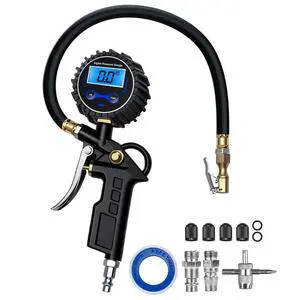 Digital Tire Pressure Gauge with Inflator, Air Compressor Accessories with Air Chuck Quick Connect Coupler, Car Attachments with Rubber Hose for Car, Truck, SUV, Cycle, RV, 250 PSI Digital Tire Pressure Gauge with Inflator, Air Compressor Accessories with Air Chuck Quick Connect Coupler, Car Attachments with Rubber Hose for Car, Truck, SUV, Cycle, RV, 250 PSI