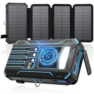 Solar Charger Power Bank - 48000mAh Wireless Portable Charger Built-in 4 Cables and 4 Solar Panels, PD QC 3.0 Fast Charging USB C Battery Pack with Flashlight for Camping Travel (Blue) Solar Charger Power Bank - 48000mAh Wireless Portable Charger Built-in 4 Cables and 4 Solar Panels, PD QC 3.0 Fast Charging USB C Battery Pack with Flashlight for Camping Travel (Blue)