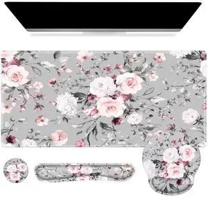 Large Mouse Pad Wrist Support Set, 4in1 XXL Big Mousepad + Keyboard Wrist Rest + Mouse Wrist Rest + Coaster Set with Ergonomic Design Gaming Mat for Home Office Table Computer - Pink Floral Large Mouse Pad Wrist Support Set, 4in1 XXL Big Mousepad + Keyboard Wrist Rest + Mouse Wrist Rest + Coaster Set with Ergonomic Design Gaming Mat for Home Office Table Computer - Pink Floral