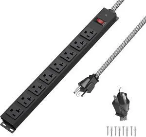 20 Amp Power Strip Heavy Duty, 12 Gauge Extension Cord for Appliance Workbench Garage Industrial, Metal 8 Outlets Combine with T-Plug Adapter 5-20R T-Slot, 1200J Surge Protector 20 Amp Power Strip Heavy Duty, 12 Gauge Extension Cord for Appliance Workbench Garage Industrial, Metal 8 Outlets Combine with T-Plug Adapter 5-20R T-Slot, 1200J Surge Protector
