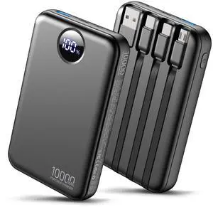 Portable Charger with 4 Built-in Cables Power Bank 40% Smaller 10000mAh Fast Charging Battery Pack,LED Display Compact with Multiple USB Ports Travel Charger for iPhone Other Devices-Black Portable Charger with 4 Built-in Cables Power Bank 40% Smaller 10000mAh Fast Charging Battery Pack,LED Display Compact with Multiple USB Ports Travel Charger for iPhone Other Devices-Black