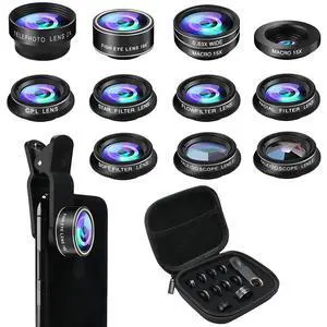 Phone Camera Lens Kit, 11 in 1 Cellphone Lens Kit for iPhone and Android, 0.63X Wide Angle+15X Macro+ 198°Fisheye+Telephoto+CPL/Flow/Radial/Star/Soft Filter+Kaleidoscope Lens Phone Camera Lens Kit, 11 in 1 Cellphone Lens Kit for iPhone and Android, 0.63X Wide Angle+15X Macro+ 198°Fisheye+Telephoto+CPL/Flow/Radial/Star/Soft Filter+Kaleidoscope Lens