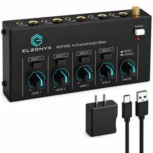 4 Channel Mini Audio Mixer, Stereo Line Mixer with Mono/Stereo Switch, Ultra-Low Noise Sub-Mixer, 1/4" & 1/8" TS/TRS I/O, 5V Adapter, for Keyboard, Guitar, Bass, Electronic Drums 4 Channel Mini Audio Mixer, Stereo Line Mixer with Mono/Stereo Switch, Ultra-Low Noise Sub-Mixer, 1/4" & 1/8" TS/TRS I/O, 5V Adapter, for Keyboard, Guitar, Bass, Electronic Drums
