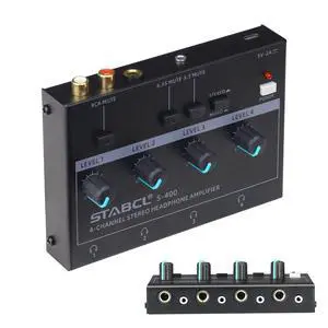 4 Channel Headphone Amplifier, Stereo/Mono Headphone Amp Splitter with 3.5mm,6.35mm,RCA Input. Four 3.5mm and 6.35mm Output. Studio Headphone Amplifier Mixer for Recording 4 Channel Headphone Amplifier, Stereo/Mono Headphone Amp Splitter with 3.5mm,6.35mm,RCA Input. Four 3.5mm and 6.35mm Output. Studio Headphone Amplifier Mixer for Recording