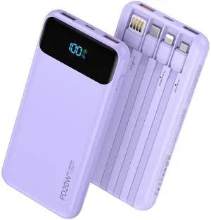 Portable Charger 10000mAh PD20W w/4 Built-in Cables/6 Outputs Purp. Portable Charger 10000mAh PD20W w/4 Built-in Cables/6 Outputs Purp.