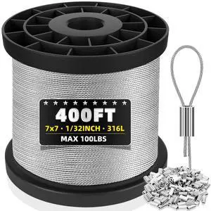 316 Stainless Steel Cable, 400FT 1/32IN Wire Rope with 100Pcs Aluminum Sleeves Stops, for String Lights Hanging, Clotheslines, Trellis Wire 316 Stainless Steel Cable, 400FT 1/32IN Wire Rope with 100Pcs Aluminum Sleeves Stops, for String Lights Hanging, Clotheslines, Trellis Wire