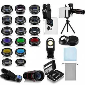 Phone Camera Lens Kit 21 in 1 with Universal 18x Telephoto Lens with Tripod 0.63x Wide Angle 15x Macro 198° Fisheye 2X Telephoto Cpl Compatible with Most Smartphone Phone Camera Lens Kit 21 in 1 with Universal 18x Telephoto Lens with Tripod 0.63x Wide Angle 15x Macro 198° Fisheye 2X Telephoto Cpl Compatible with Most Smartphone
