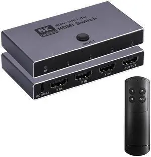 2026 Upgrade 8K HDMI 2.1 Switch, HDMI 2.1 Switcher 3 In 1 Out Supports CEC 8K@60Hz, 4K@240Hz, 1080P@480Hz HDCP 2.3 HDR Dolby Atmos VRR Compatible with PS5 Xbox Blu-Ray Player with IR remote controller 2026 Upgrade 8K HDMI 2.1 Switch, HDMI 2.1 Switcher 3 In 1 Out Supports CEC 8K@60Hz, 4K@240Hz, 1080P@480Hz HDCP 2.3 HDR Dolby Atmos VRR Compatible with PS5 Xbox Blu-Ray Player with IR remote controller