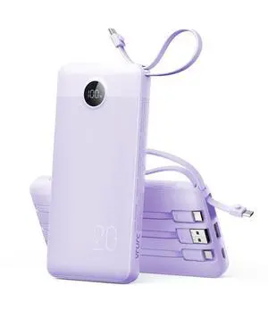 Portable Charger Slim 20000mAh Power Bank,22.5W PD Fast Charging Travel Essentials Powerbank 4-Built-in-Cables&2 Extra Ports Compatible with iPhone,iPad,Galaxy,Android (Purple) Portable Charger Slim 20000mAh Power Bank,22.5W PD Fast Charging Travel Essentials Powerbank 4-Built-in-Cables&2 Extra Ports Compatible with iPhone,iPad,Galaxy,Android (Purple)