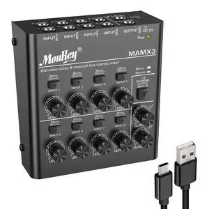 Audio Mixer, DC 5V, 8 Stereo Ultra, Low Noise 8 Channel Line Mixer for Sub-Mixing, for Small Clubs or Bars, As Guitars, Bass, Keyboards Mixer, MAMX3 Audio Mixer, DC 5V, 8 Stereo Ultra, Low Noise 8 Channel Line Mixer for Sub-Mixing, for Small Clubs or Bars, As Guitars, Bass, Keyboards Mixer, MAMX3