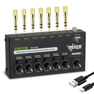 Mini Audio Mixer, 6-Channel Stereo Line Mixer for Precision Sub-Mixing, with Ultra Low-Noise Operation, Independent Microphone Control, 1/4" TRS Input/Output-for Guitars, Bass, Stage Mixer Mini Audio Mixer, 6-Channel Stereo Line Mixer for Precision Sub-Mixing, with Ultra Low-Noise Operation, Independent Microphone Control, 1/4" TRS Input/Output-for Guitars, Bass, Stage Mixer