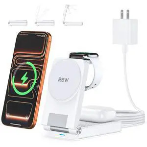 25W 3 in 1 Charging Station, Foldable MagSafe Fast Magnetic Wireless Charger Stand for Apple Multiple Devices, Travel Charger for iPhone 17 16 15 14 13 12 Series/Watch 11-8/AirPods 4/3/2/Pro 25W 3 in 1 Charging Station, Foldable MagSafe Fast Magnetic Wireless Charger Stand for Apple Multiple Devices, Travel Charger for iPhone 17 16 15 14 13 12 Series/Watch 11-8/AirPods 4/3/2/Pro