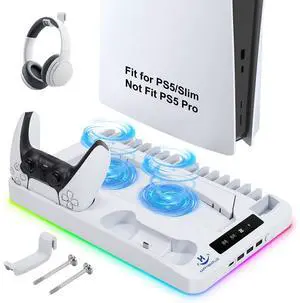 PS5 Cooling Station with Dual Controller Charger, Headset Holder, 3 USB & USB-C Hub, Vertical Stand for PlayStation 5 / Slim (White) PS5 Cooling Station with Dual Controller Charger, Headset Holder, 3 USB & USB-C Hub, Vertical Stand for PlayStation 5 / Slim (White)