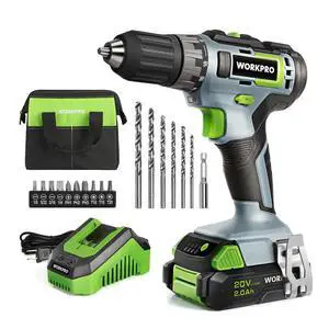20V Cordless Drill Driver Kit, 3/8'' Keyless Chuck, 2.0 Ah Li-ion Battery, 1 Hour Fast Charger and 11-inch Green Storage Bag Included 20V Cordless Drill Driver Kit, 3/8'' Keyless Chuck, 2.0 Ah Li-ion Battery, 1 Hour Fast Charger and 11-inch Green Storage Bag Included