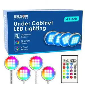 RGB Under Cabinet Lighting, Wireless Remote Control, 16-Color Plug in Puck Lights, Dimmable LED Cabinet Light Kit for Kitchen, Bookshelf, Counter, 4 Pack RGB Under Cabinet Lighting, Wireless Remote Control, 16-Color Plug in Puck Lights, Dimmable LED Cabinet Light Kit for Kitchen, Bookshelf, Counter, 4 Pack