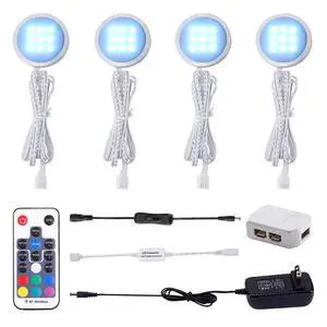 RGB Color Changing LED Under Cabinet Lights Kit, Aluminum Slim Multi Color Puck Lights for Kitchen Counter Furniture Holiday Ambiance Christmas Decor Lighting (4 Lights) RGB Color Changing LED Under Cabinet Lights Kit, Aluminum Slim Multi Color Puck Lights for Kitchen Counter Furniture Holiday Ambiance Christmas Decor Lighting (4 Lights)
