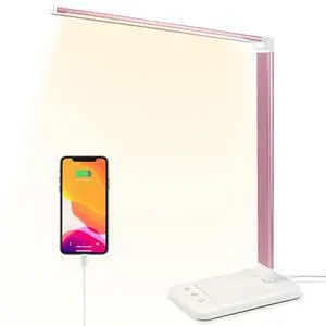 Led Desk Lamp, Desk Lamp with USB Charging Port, 5 Color Modes, 10 Brightness, Natural Light, Eye Caring Reading Lamp, Desk Light for Home Office, Table Lamp, Touch Control, Auto-Timer, Pink Led Desk Lamp, Desk Lamp with USB Charging Port, 5 Color Modes, 10 Brightness, Natural Light, Eye Caring Reading Lamp, Desk Light for Home Office, Table Lamp, Touch Control, Auto-Timer, Pink