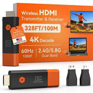Wireless HDMI Transmitter and Receiver 328Ft, Plug & Play HDMI Extender for Laptop, Projector, Monitor, TV Box & Camera, Duplicate Extended Mode, 4K Decode 1080P 60Hz, Low-Latency Dual-Band 2.4G/5.8G Wireless HDMI Transmitter and Receiver 328Ft, Plug & Play HDMI Extender for Laptop, Projector, Monitor, TV Box & Camera, Duplicate Extended Mode, 4K Decode 1080P 60Hz, Low-Latency Dual-Band 2.4G/5.8G