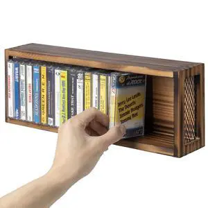 Cassette Tape Storage, Farmhouse Style Cassette Rack Towe for Table or Wall Mount, Rustic Solid Burnt Wood & Diamond Metal Wire Mesh Cassette Tape Storage, Farmhouse Style Cassette Rack Towe for Table or Wall Mount, Rustic Solid Burnt Wood & Diamond Metal Wire Mesh