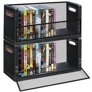 DVD Storage Rack 2 Pack, Stackable Media Organizer Holds 56 DVDs or 64 Blu ray Cases, Shelf with Magnetic Door for Video Games and CDs, VHS Tapes DVD Storage Rack 2 Pack, Stackable Media Organizer Holds 56 DVDs or 64 Blu ray Cases, Shelf with Magnetic Door for Video Games and CDs, VHS Tapes