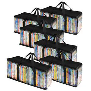 DVD Storage Bags (Set of 6) Media Organizer Bag for DVDs, CDs, Blu Ray Disc, Movie Cases, VHS Box, Video Game Disks, Clear Plastic Holders with Carrying Handles and Zipper - Black DVD Storage Bags (Set of 6) Media Organizer Bag for DVDs, CDs, Blu Ray Disc, Movie Cases, VHS Box, Video Game Disks, Clear Plastic Holders with Carrying Handles and Zipper - Black