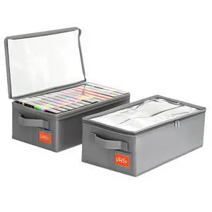 VHS Storage Box 2 Pack Cassette Tape Storage Organizer with Clear PVC Lid Stackable Storage Box Holds 14 Clamshell VHS Tapes Gray Media Case VHS Storage Box 2 Pack Cassette Tape Storage Organizer with Clear PVC Lid Stackable Storage Box Holds 14 Clamshell VHS Tapes Gray Media Case